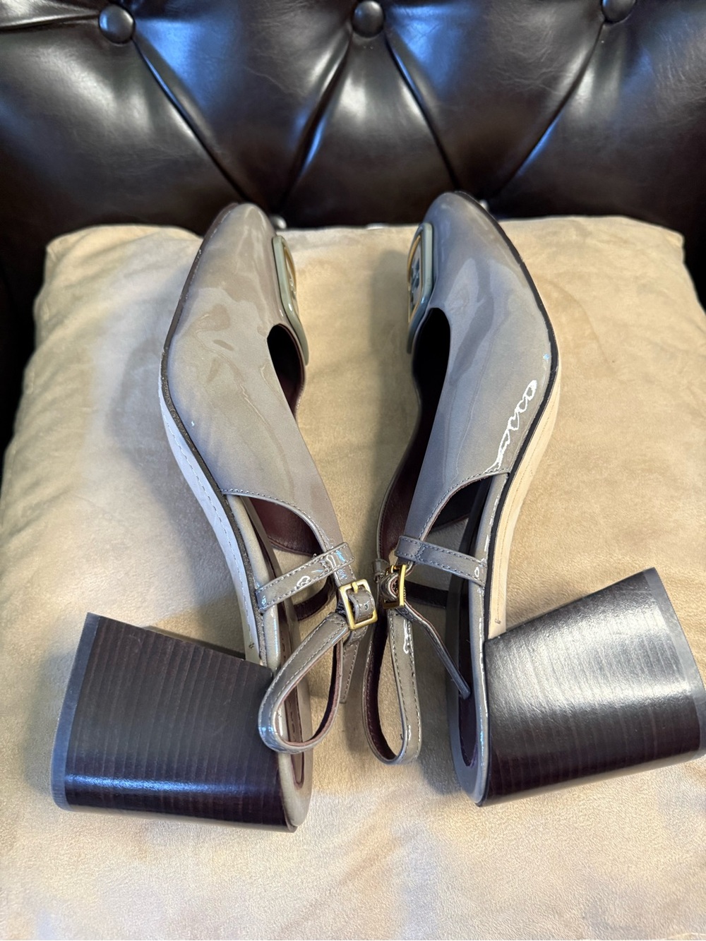 Tory Burch Taupe Patent Leather Slingback Heels with Gold Logo - Picture 11 of 15